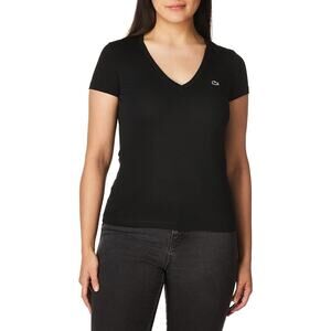 Lacoste Women's Short Sleeve Cotton Jersey V-Neck T-Shirt, Black, 32